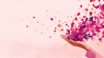 An artistic representation of a hand releasing vibrant petals against a soft pink background, symbolizing beauty and freedom.