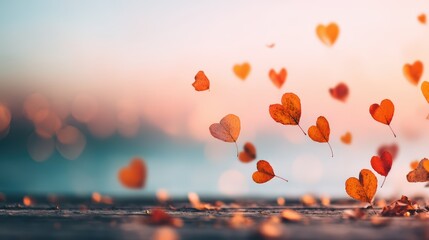 A serene scene featuring floating heart-shaped leaves against a blurred background, evoking feelings of love and tranquility.