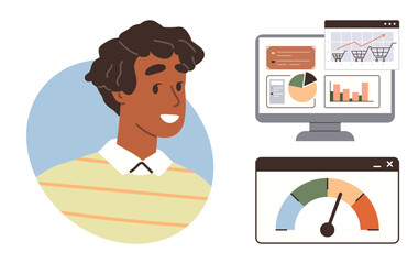 Young adult looking at graphs, dashboards, and charts on a screen. Ideal for data analysis, business, technology, management, strategy marketing and growth concepts. Simple flat metaphor