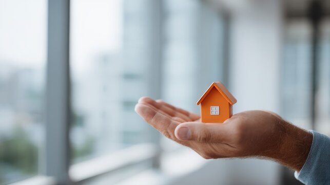 A person shows a small bright orange model house on their palm in a modern office with blurred background. Natural light highlights the details of the model