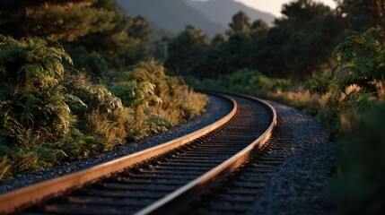 Obraz premium Curved railway track runs through thick green plants under warm sunlight. The scene shows detailed wooden sleepers and soft shadows, creating a natural setting