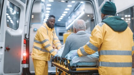 Medical team moves a patient on a stretcher into a rescue ambulance. Bright interior lights light up the scene. Team members wear orange and green uniforms