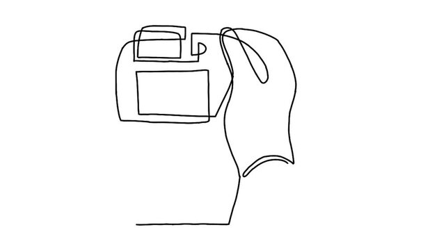 Continue line animation of hand holding the camera