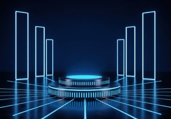 Futuristic blue stage with a tiered platform and vertical light bars projecting a neon grid: High-tech product launch backdrop.
