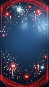 Festive fireworks display on dark blue background with red frame