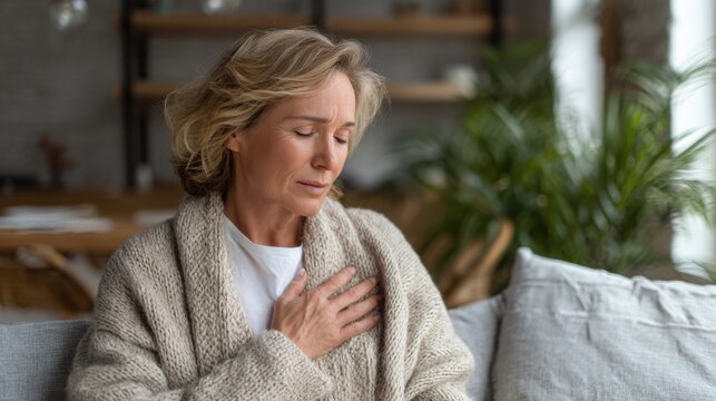 A middle-aged woman is sitting on a couch at home, holding her chest with a worried expression. The soft natural light highlights her concern in this cozy setting