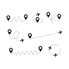 Vector airplane silhouette paths connecting location pins showing travel routes and journey tracking on white.