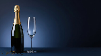 Elegant champagne bottle and flute with golden confetti on a sophisticated deep blue background
