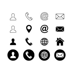 Vector silhouette collection of 16 essential contact icons including user, phone, email, and home symbols