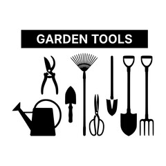 Vector silhouette collection of essential garden tools for horticulture and backyard landscaping activities