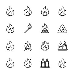 Vector silhouette collection of fire icons and flame symbols, including campfire, match, and candles