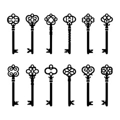 Vector silhouette collection of twelve ornate antique keys with intricate scrollwork and unique shapes isolated on white