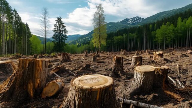 A forest area is cleared, showing tree stumps and patches of green vegetation under a cloudy sky in spring