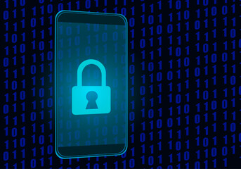 a digital cybersecurity concept featuring a smartphone and protective symbols.