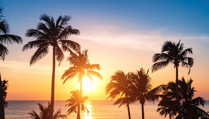 Obraz premium Tropical island sunset with silhouette of palm trees, hot summer day vacation background 