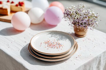 A table shows empty plates with colorful confetti scattered on them. Nearby are balloons in pastel colors and a small bouquet of flowers. The scene is from a birthday party