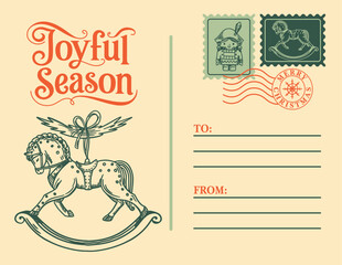 Vintage joyful season Christmas postcard template. Features a retro mail concept greeting card with a stamp, copy space, and hand-drawn graphics for a warm winter greeting.