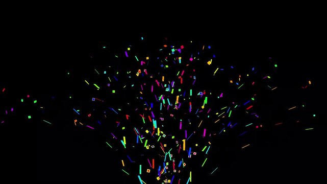 confetti on black background, colorful multicolored rainbow colours Confetti falling event explosion blast for party celebration invitation, winner champion paper bits celebrate sign symbol animation