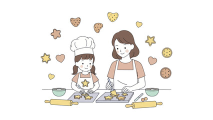Happy mother and daughter baking cookies illustration