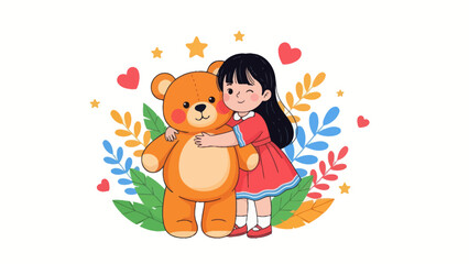 Adorable cartoon girl hugging a teddy bear with a cheerful wink.