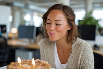 In an office setting, a woman blows out candles on a cake while seated at her desk. This moment captures a birthday celebration with colleagues nearby