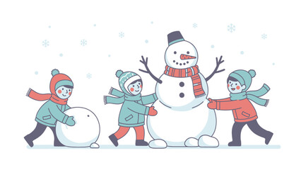 Children happily building a snowman in the snow.