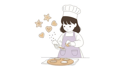 Cute little girl in chef hat decorating cookies.
