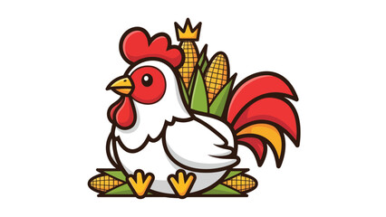 Cute cartoon rooster sitting with corn and a crown.