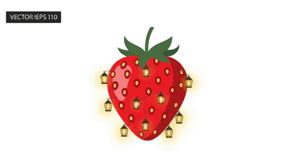 Strawberry decorated with glowing string lights, a whimsical vector illustration.