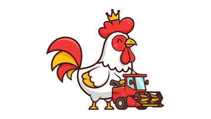 Cute cartoon rooster wearing a crown and standing next to a combine harvester.