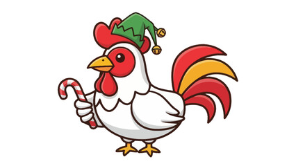 Christmas chicken holding a candy cane and wearing an elf hat.