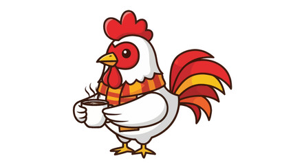 A cheerful cartoon rooster wearing a scarf and holding a hot coffee mug.