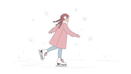 Happy girl ice skating on a winter day with falling snowflakes.