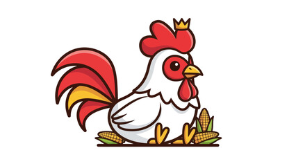 Cartoon rooster king sitting with corn