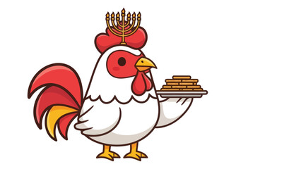Cartoon rooster wearing a menorah and holding latkes for Hanukkah celebration
