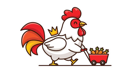 A cheerful cartoon rooster with a crown pulling a wagon full of carrots.