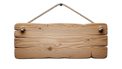 Wooden Sign Hanging with Rope on White Background