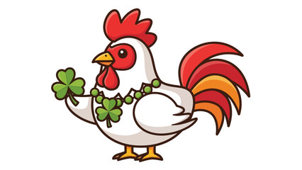 Cartoon rooster with shamrocks and beads for St. Patrick's Day.