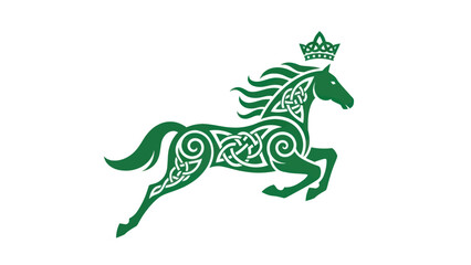 Green Celtic knot horse with a crown gallops on a white background.