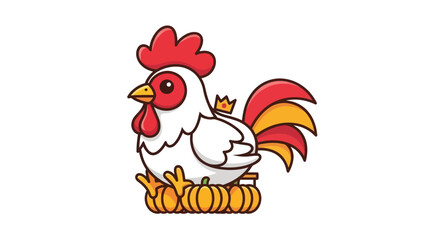 Cute cartoon rooster wearing a crown sits on pumpkins