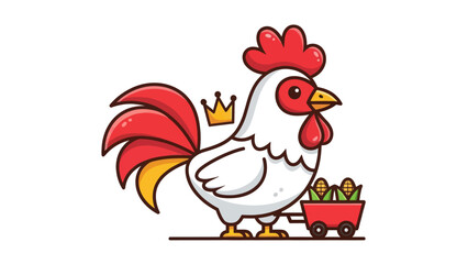 Cute cartoon rooster wearing a crown and pulling a cart with corn.