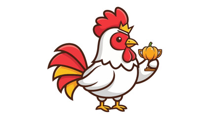 Cartoon rooster wearing a crown and holding a pumpkin trophy.