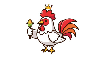 Cute cartoon rooster king with a crown holding a corn cob scepter.