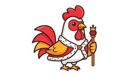 Cheerful cartoon rooster king in royal robe holding a scepter.