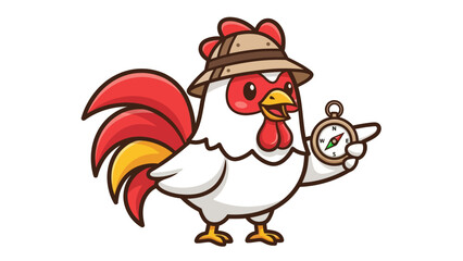 Cute Cartoon Rooster in Safari Hat Holding a Compass