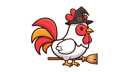 Cute Halloween rooster wearing a witch hat and riding a broomstick.