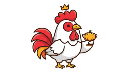 Cute cartoon rooster with a crown holding a pumpkin trophy.