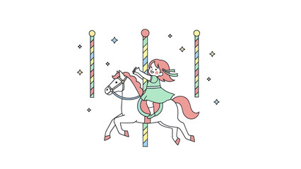 Cheerful cartoon girl riding a carousel horse with arms wide open.