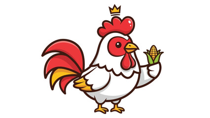 Cartoon king rooster holding a corn cob with a crown on its head