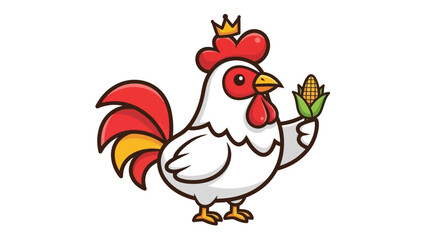 Cartoon rooster wearing a crown and holding a corn cob.